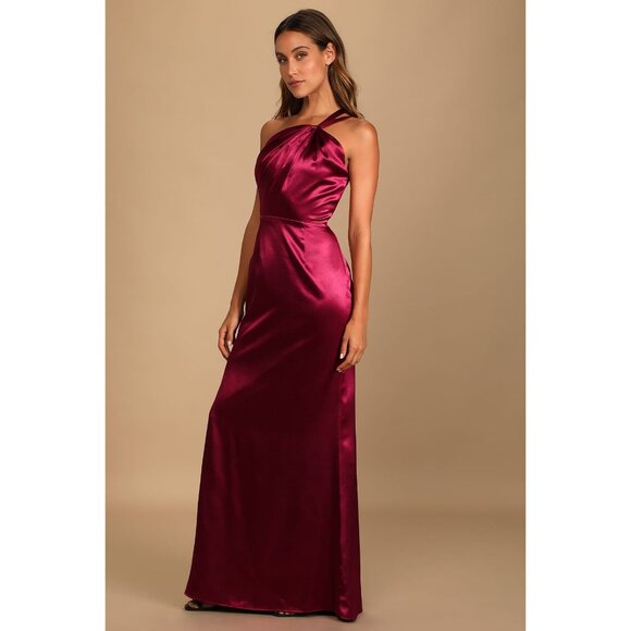 LULUS Devotion to Love Wine Satin One-Shoulder Maxi Dress NWT size XS - Picture 1 of 14